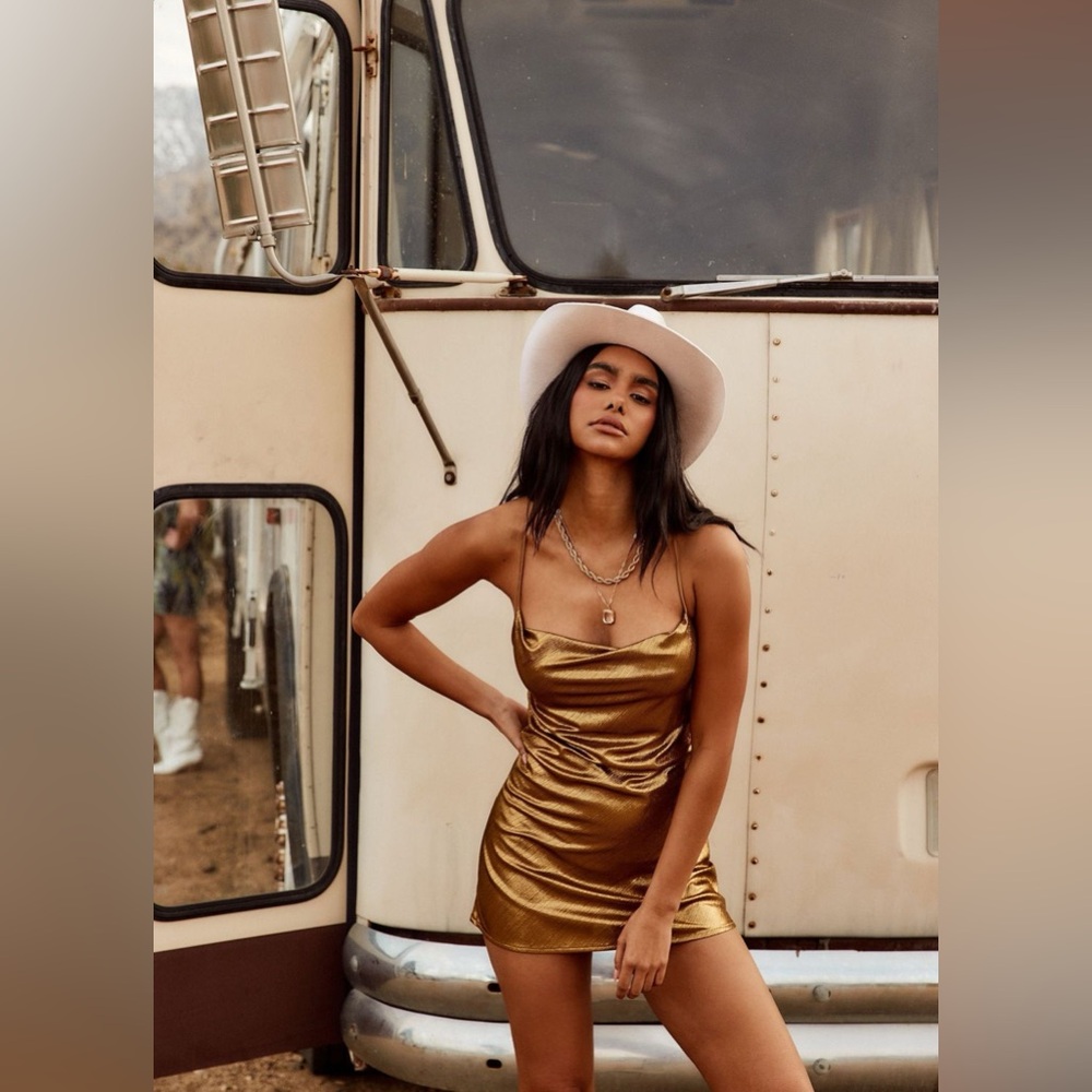 NWT 12th Tribe Trina Gold Cowl Neck Mini Dress